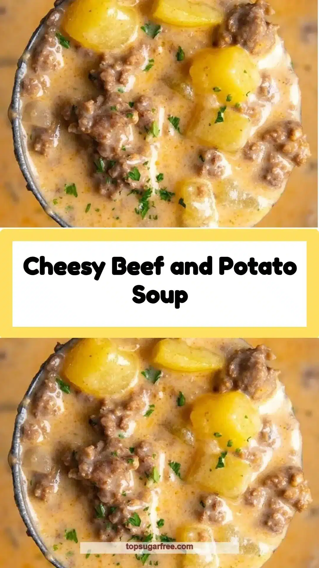 Bowl of cheesy beef and potato soup garnished with herbs