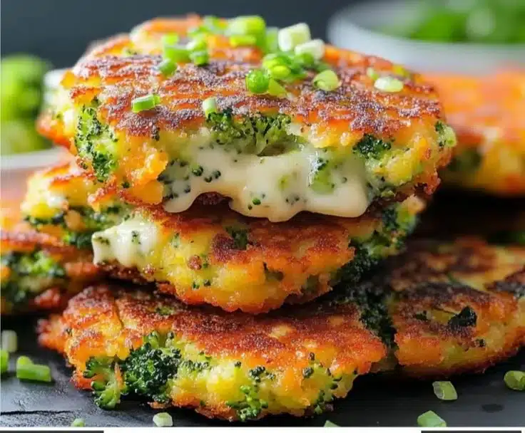 Cheesy broccoli fritters served on a plate, showcasing crispy goodness.