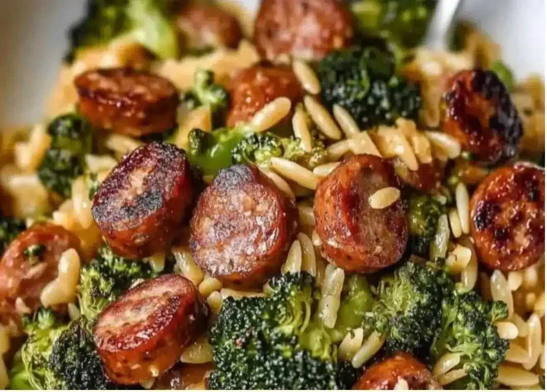Chicken Sausage and Broccoli Orzo dish in a bowl, garnished and ready to serve.