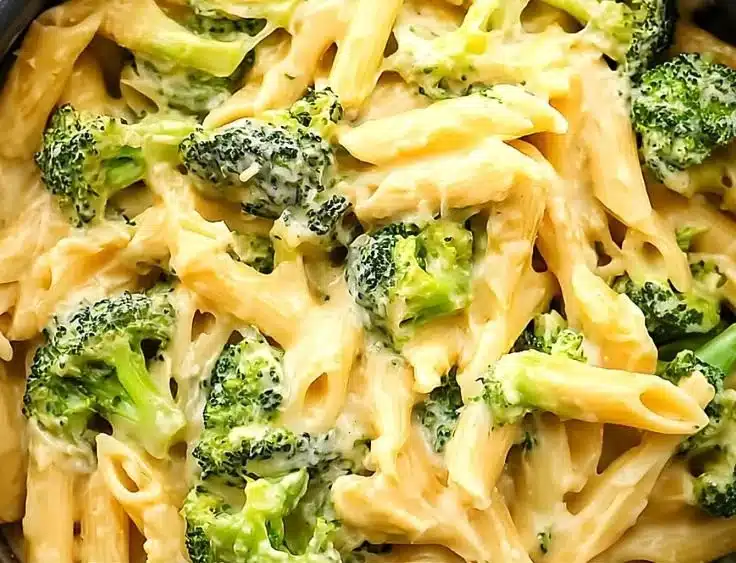 Cozy broccoli pasta dish served in a bowl with fresh herbs and cheese