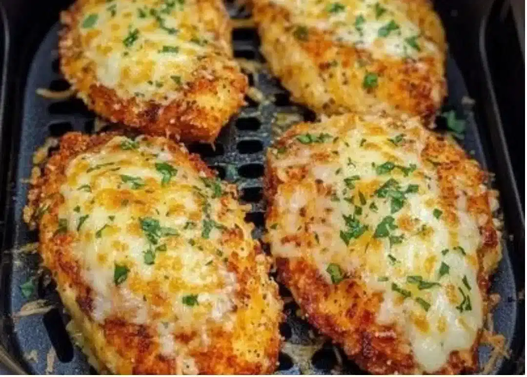 Crispy air fryer chicken parmesan served with marinara sauce and cheese