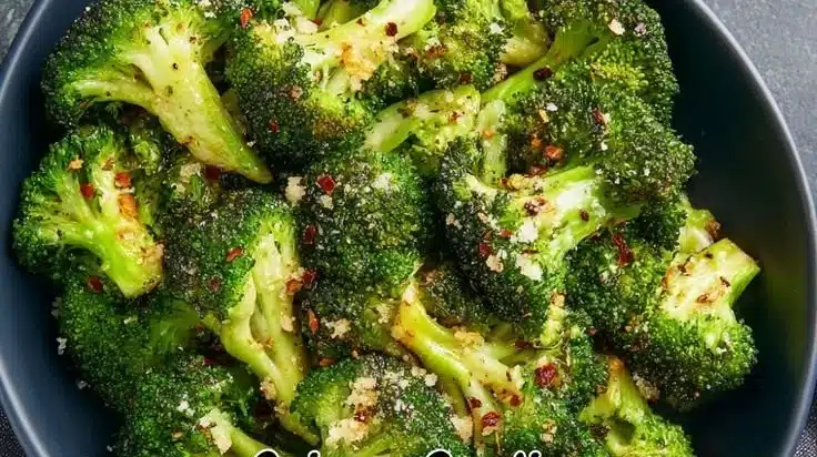 Crispy garlic air fryer broccoli with fresh garlic and vibrant green color