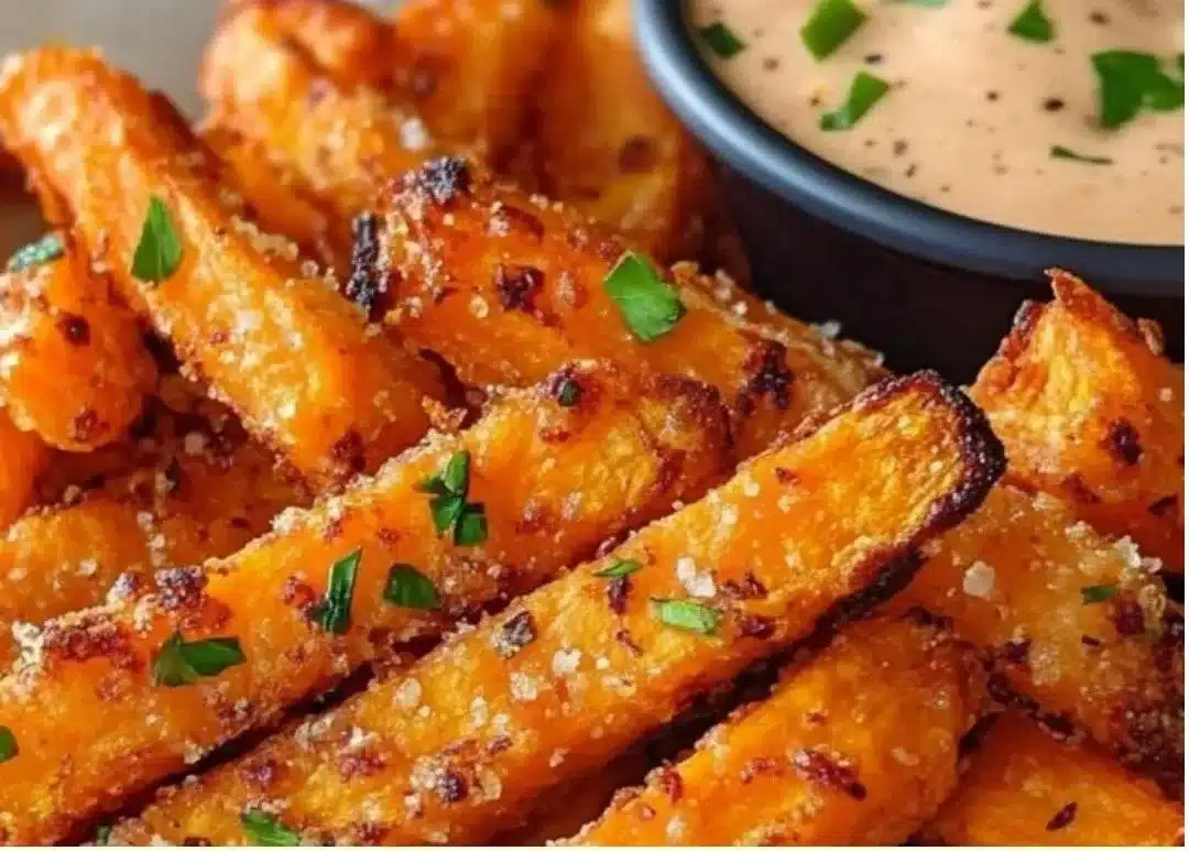 Crispy oven-baked sweet potato fries served in a bowl
