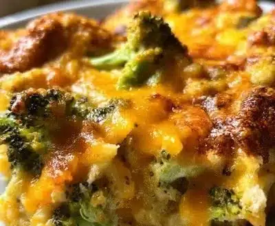 Easy broccoli cheese casserole with melted cheese and fresh broccoli on a plate