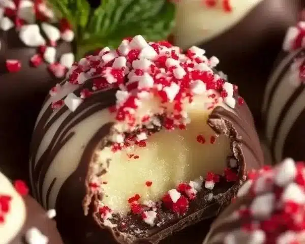 Easy homemade candy cane truffles for holiday celebrations.