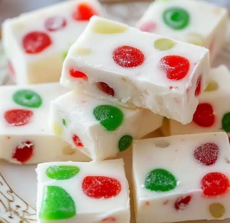 Homemade gumdrop nougat candy cut into squares