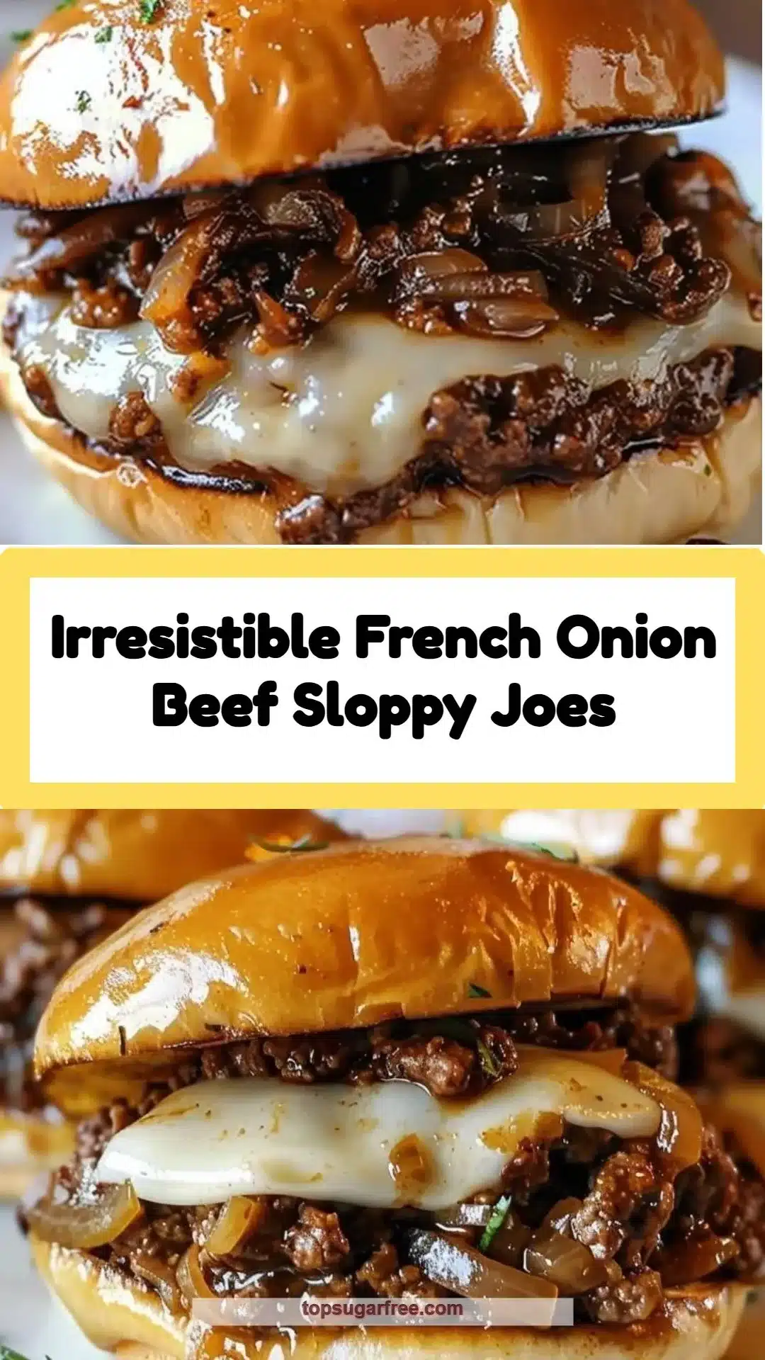 Plate of French onion beef sloppy joes with melted cheese and caramelized onions