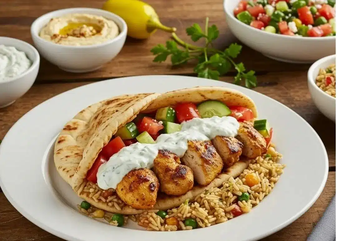 Mediterranean chicken gyros served with creamy feta tzatziki sauce