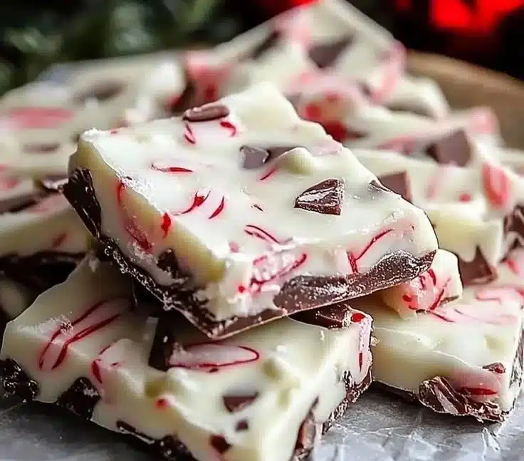 Delicious homemade peppermint bark with crushed candy canes and chocolate.