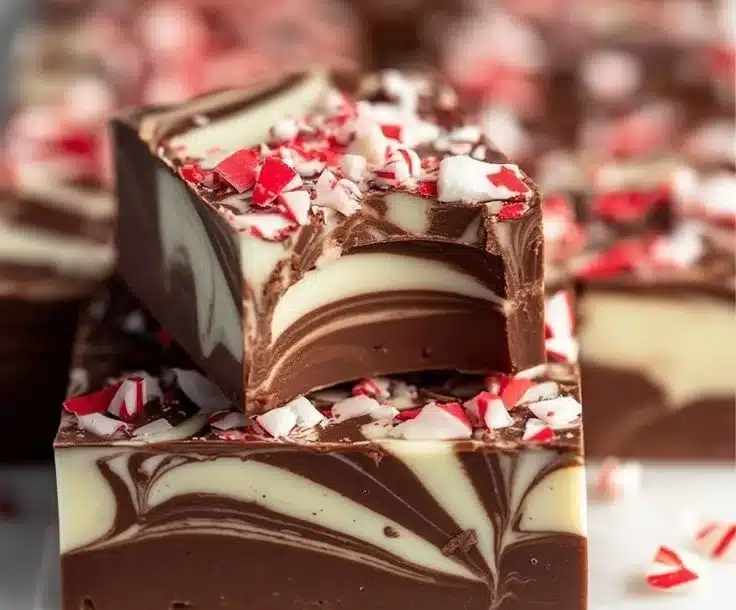 Delicious peppermint swirl fudge decorated for Christmas dessert.