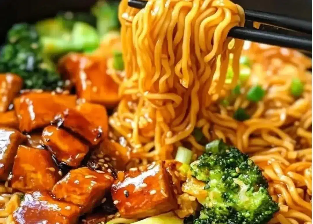Vegan Teriyaki Noodle Bowl with fresh vegetables and vibrant sauce