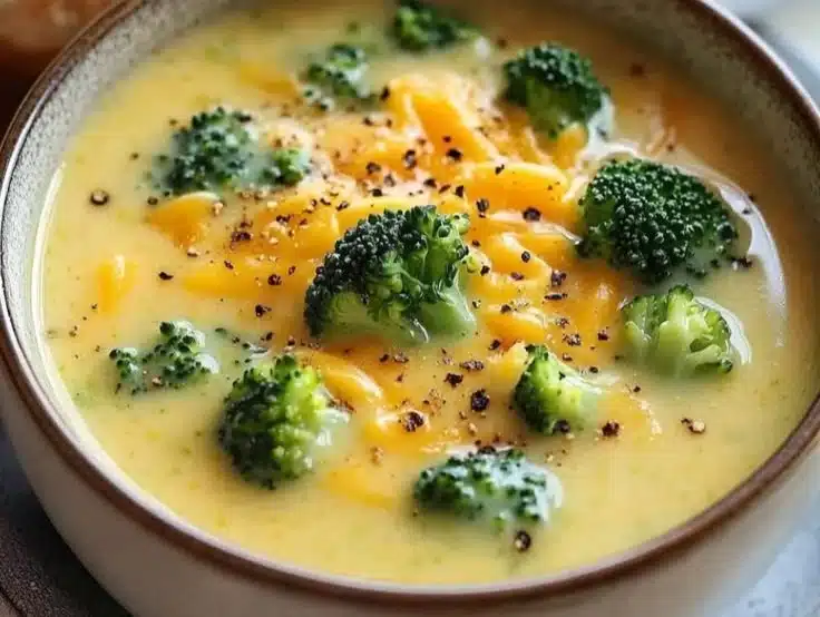 Creamy cheddar broccoli soup in a bowl, garnished with fresh broccoli and cheese.