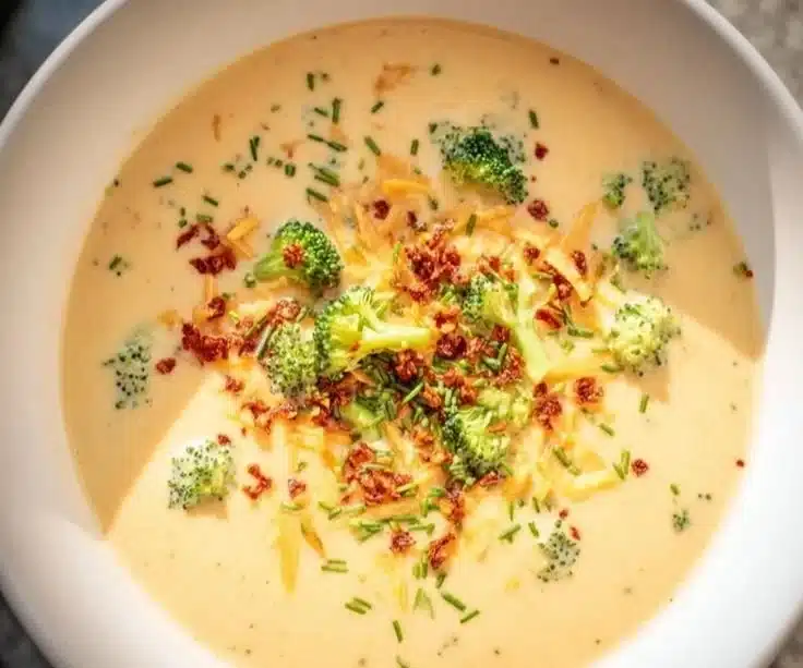 Bowl of Broccoli Cheddar Chili Crunch topped with fresh herbs