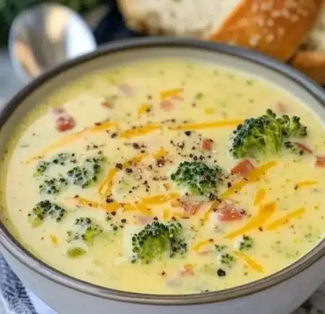 Delicious Broccoli Cheese Soup served in a bowl with bread on the side