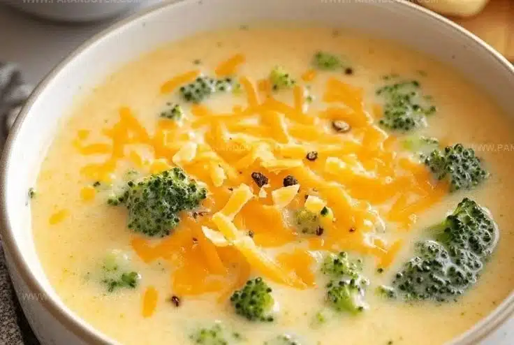 Delicious broccoli cheese soup served in a bowl with fresh broccoli and cheese toppings.