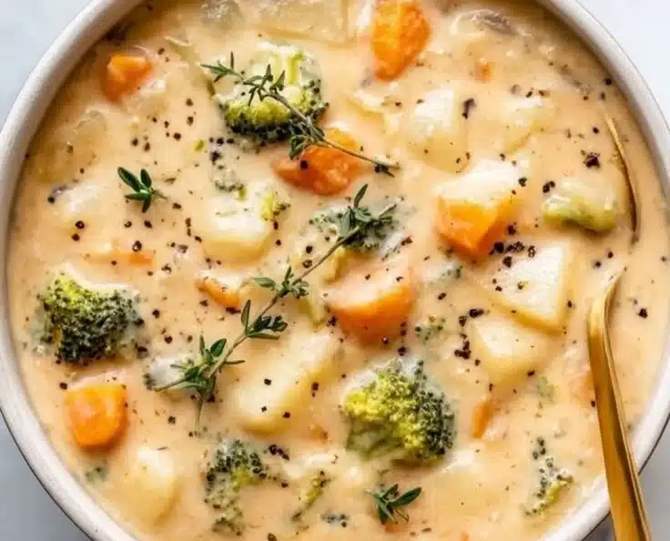 Bowl of Broccoli Potato Cheese Soup garnished with cheese and herbs.