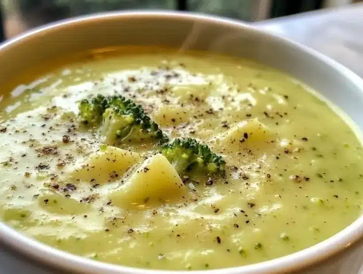 A bowl of creamy Broccoli Potato Soup garnished with fresh herbs.