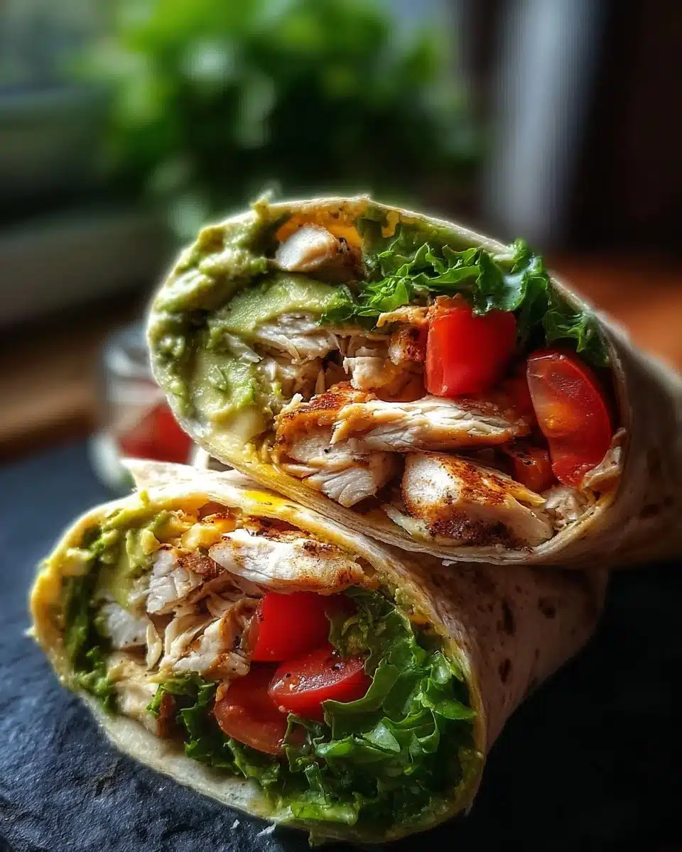 Chicken avocado wrap with fresh ingredients and greens
