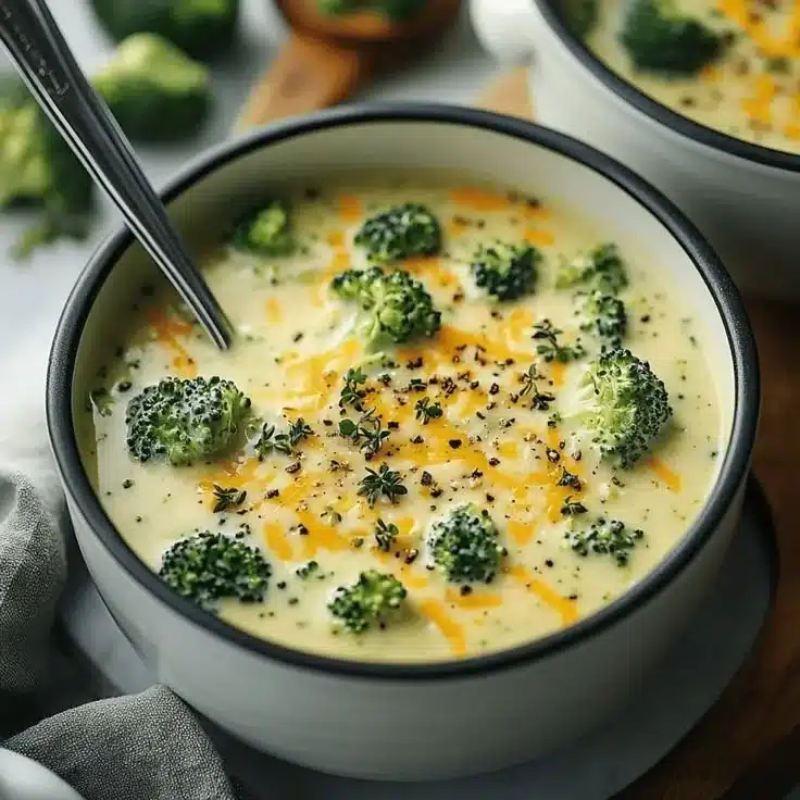 Delicious high protein broccoli cheddar soup served in a cozy bowl
