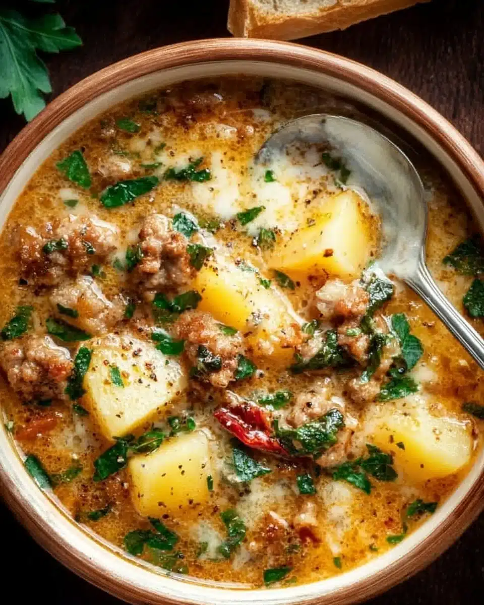 Delicious bowl of Italian sausage and potato soup, perfect for cozy meals.