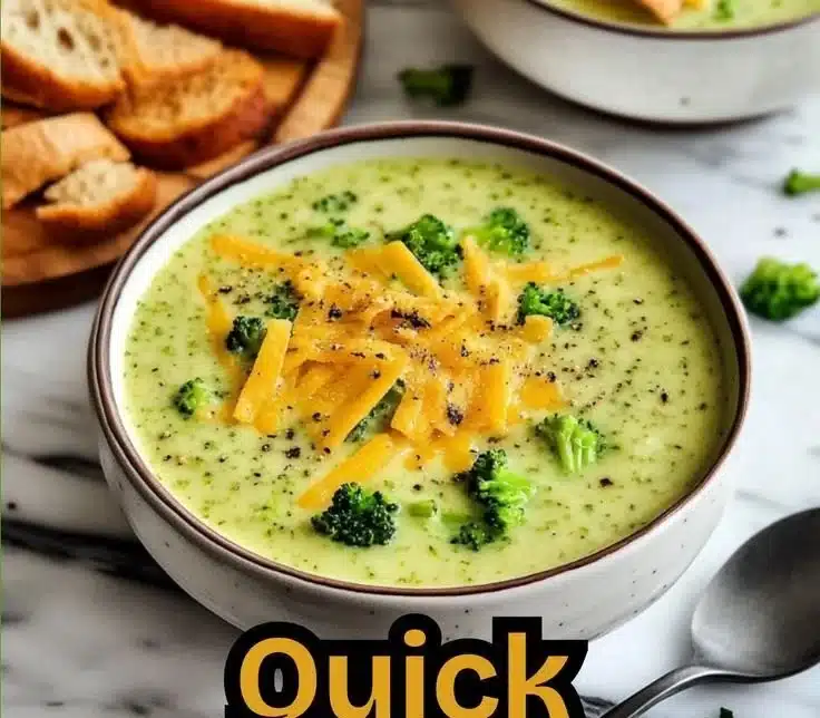 Bowl of creamy broccoli cheddar soup garnished with cheese and fresh broccoli