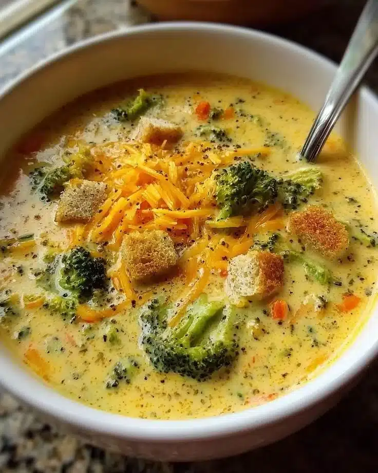 Bowl of creamy broccoli cheddar soup garnished with cheese and croutons