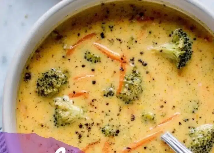 Bowl of creamy cheddar broccoli soup garnished with fresh broccoli