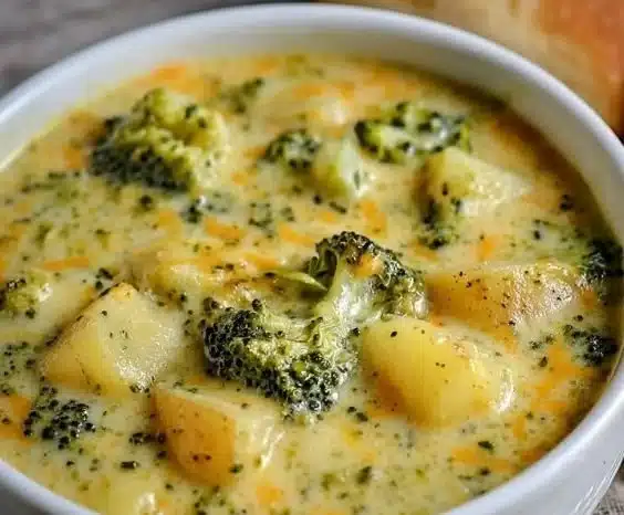 Bowl of crockpot potato broccoli cheddar soup garnished with herbs