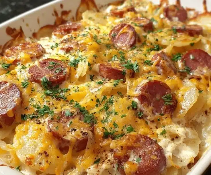 Easy pierogi sausage casserole topped with cheese and herbs.