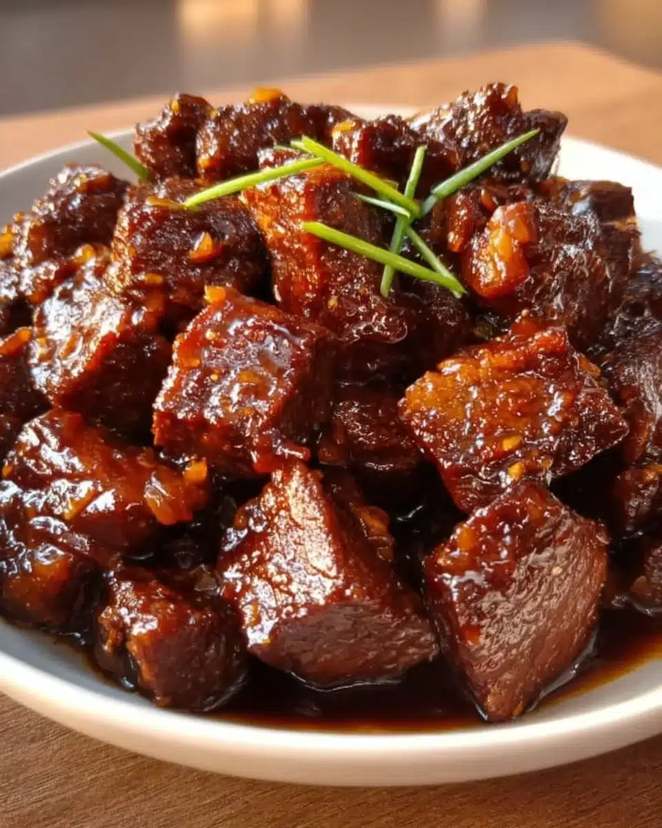 Glazed sticky beef bites served on a platter, ideal for appetizers.