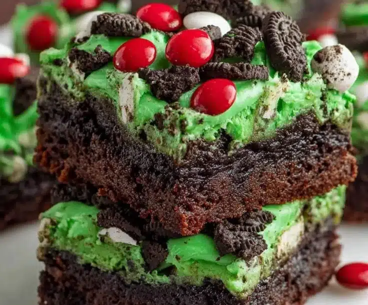 Festive Grinch Brownies decorated with green frosting and holiday sprinkles