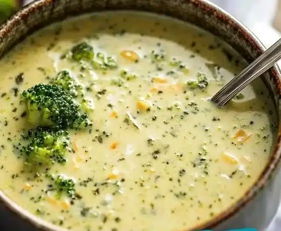 Bowl of healthy broccoli cheddar soup with fresh broccoli and cheese.