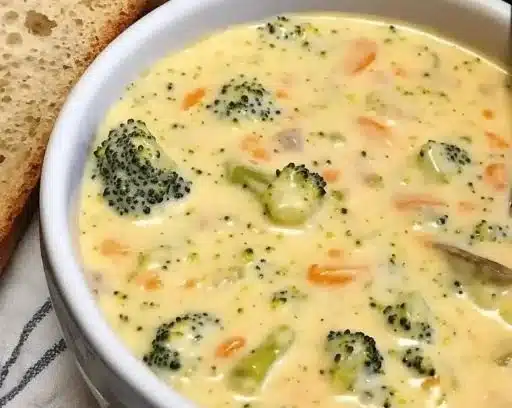 Bowl of creamy broccoli cheese soup perfect for winter comfort