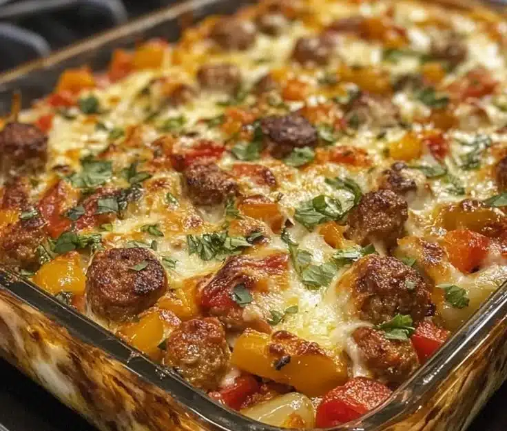 Delicious Italian Sausage and Pepper Casserole ready to serve