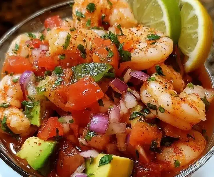 Vibrant Mexican shrimp cocktail served in a bowl with fresh ingredients.