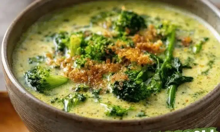 Delicious one-pot broccoli soup served in a bowl with garnish
