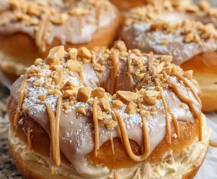 Delicious Peanut Butter Cheesecake Donuts topped with creamy frosting.