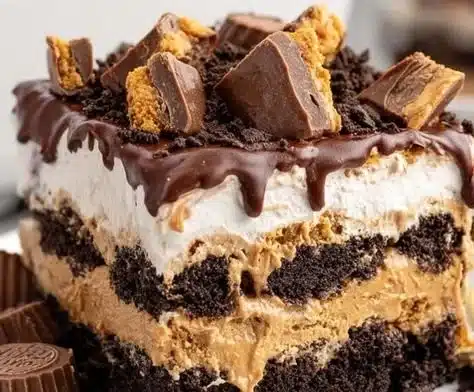 Delicious Peanut Butter Icebox Cake topped with chocolate drizzles and creamy layers.
