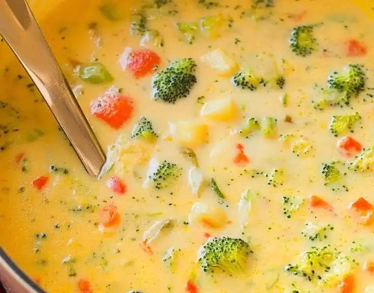 Bowl of creamy cheddar broccoli potato soup garnished with fresh herbs.
