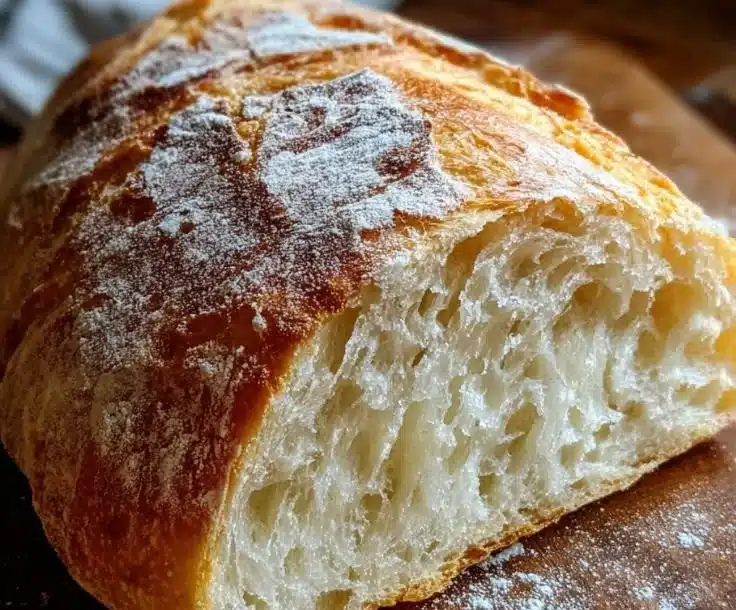 Homemade rustic French bread loaf on a wooden cutting board
