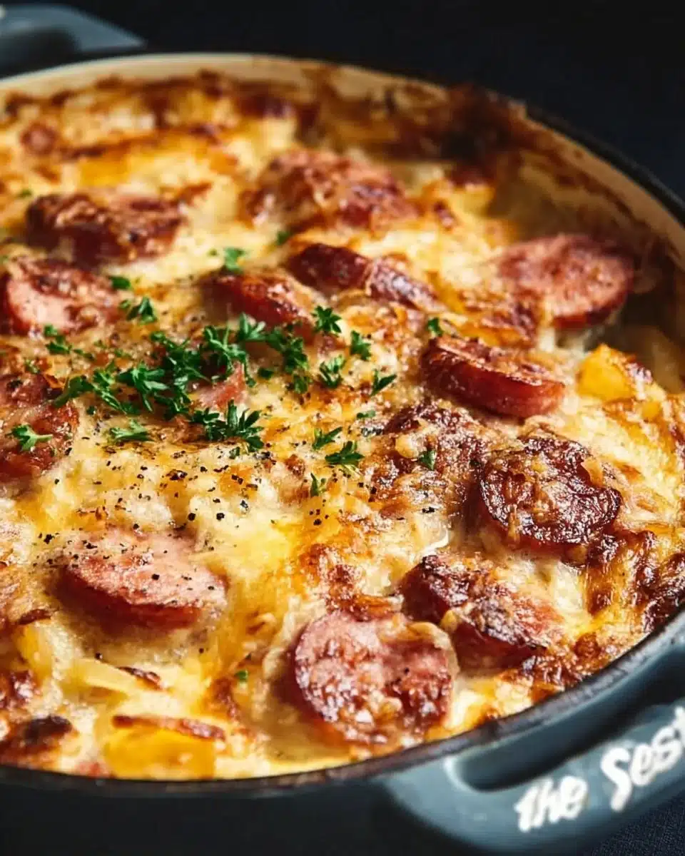 Smoked sausage casserole with vegetables and cheese in a baking dish