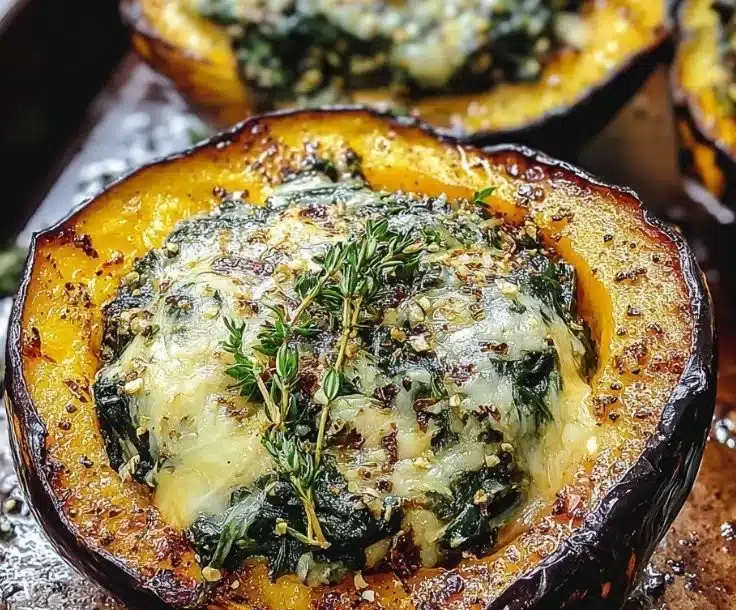 Stuffed acorn squash filled with spinach and topped for a delicious meal