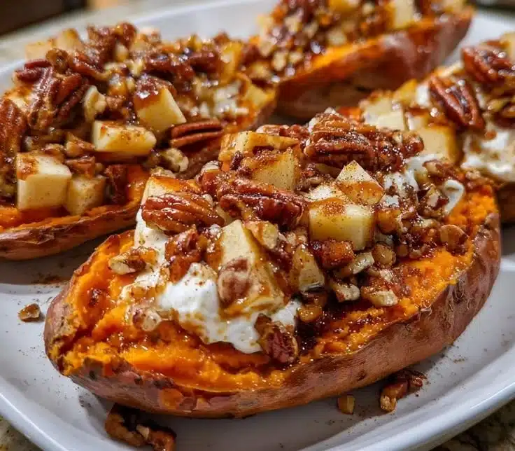 Apple spiced stuffed sweet potatoes served on a plate
