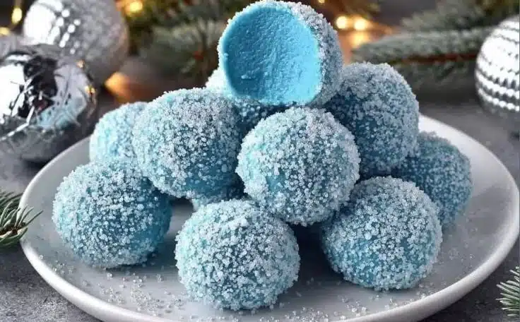 Blue Christmas Truffles on a festive table with decorations