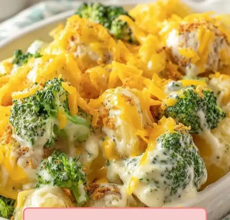Cheesy potato and broccoli casserole served in a casserole dish