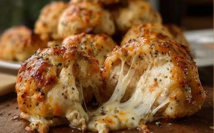 Cheesy ranch chicken bombs appetizer with gooey cheese and chicken filling.