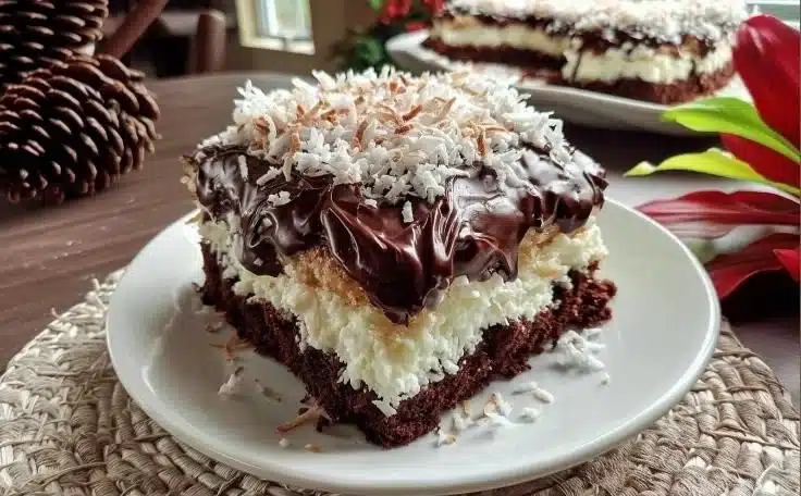 Choco Coconut Dream Cake with layers of chocolate and coconut frosting