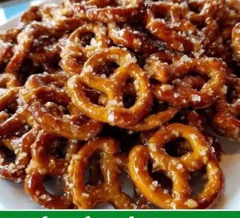 Delicious Church Lady Butter Toffee Pretzels with a sweet and salty flavor.
