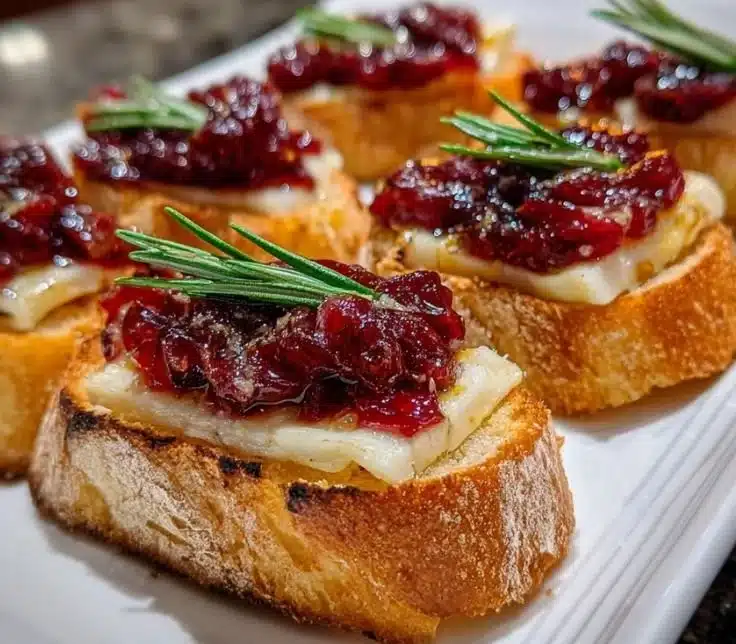 Cranberry Brie Crostini topped with fresh cranberries and drizzled with honey.