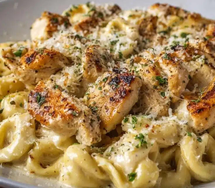 Creamy Chicken Alfredo Tortellini served in a bowl with garnished herbs.